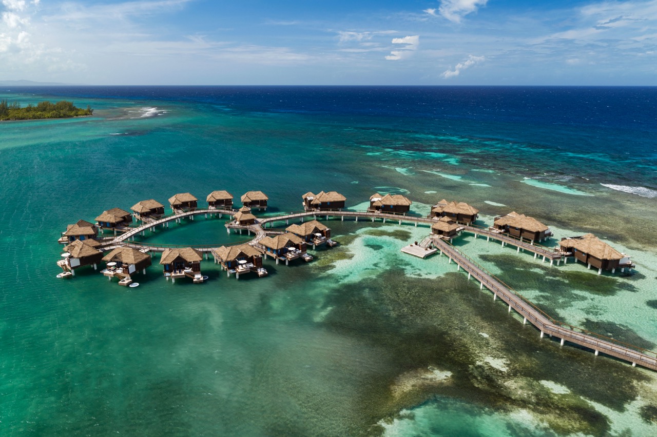 Sandals Royal Caribbean overwater villa aerial view